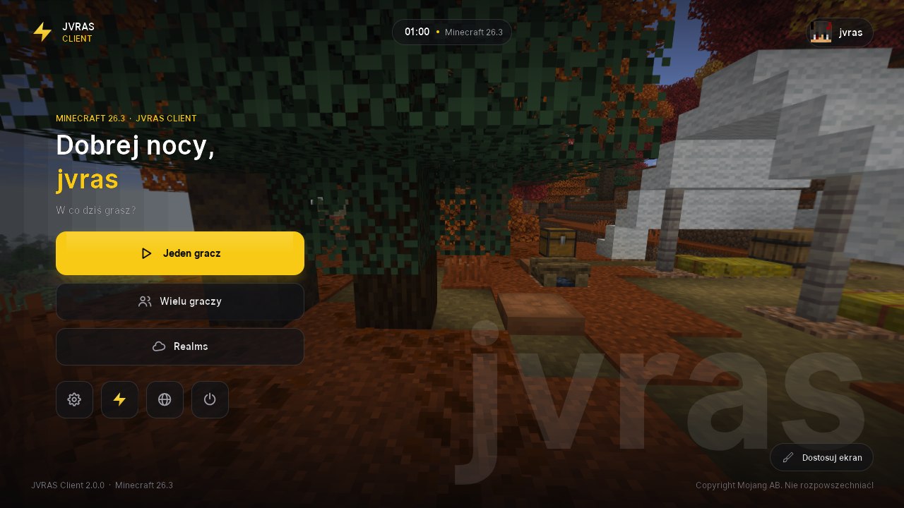 Ekran główny JVRAS Client w Minecraft
