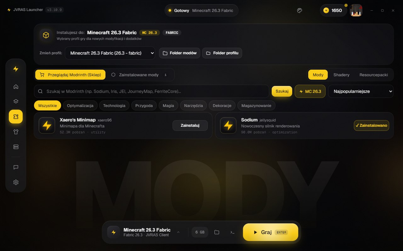 Mody z Modrinth w JVRAS Launcherze
